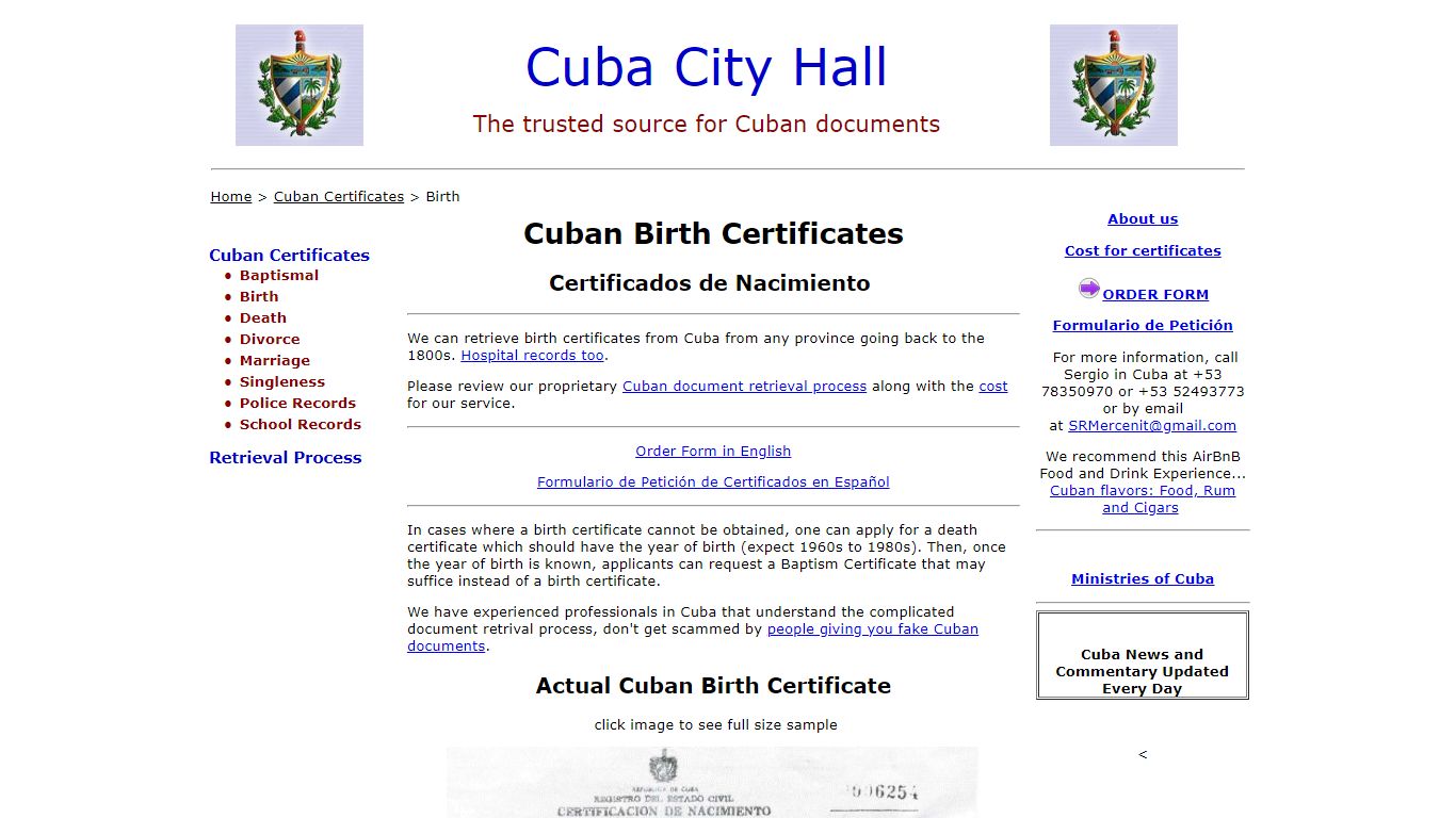 Cuban Birth Certificate - CubaCityHall.com